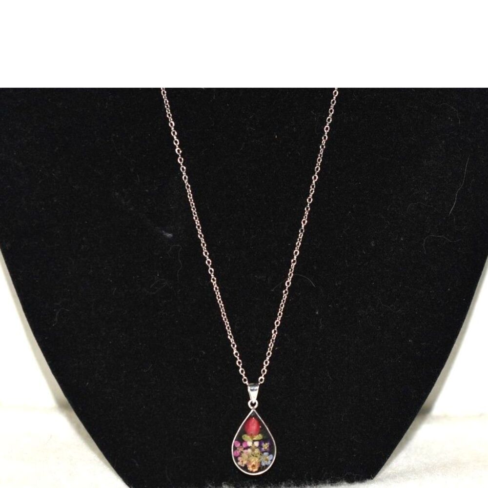 ATI Mexico 925 Spring Flowers Incased In Blown Glass Teardrop Pendant Necklace